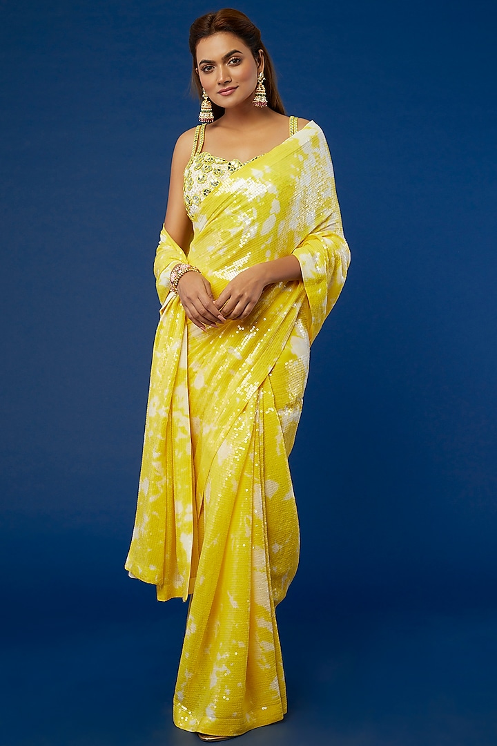 Yellow Tie-Dyed & Sequinned Saree Set by Akanksha Gajria