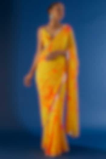 Yellow Georgette Tie & Dye Handmade Saree Set by Akanksha Gajria