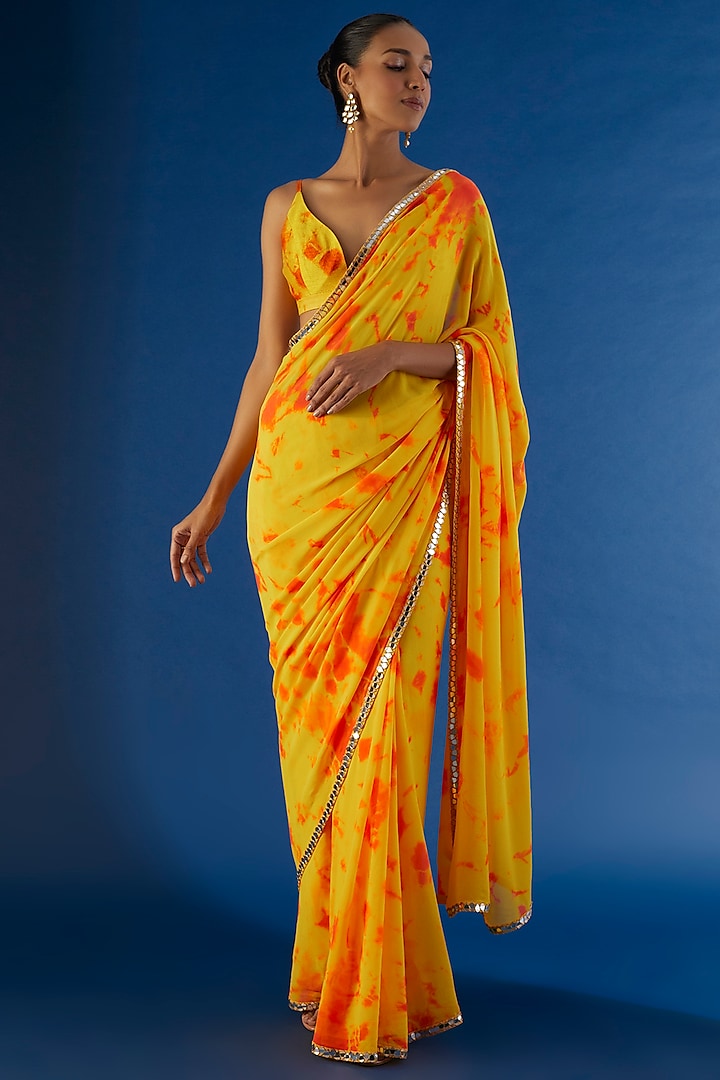 Yellow Handmade Tie-Dye Saree Set by Akanksha Gajria