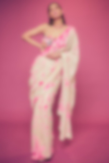 Ivory & Fuchsia Georgette Sequin Embroidered Reception Saree Set by Akanksha Gajria at Pernia's Pop Up Shop