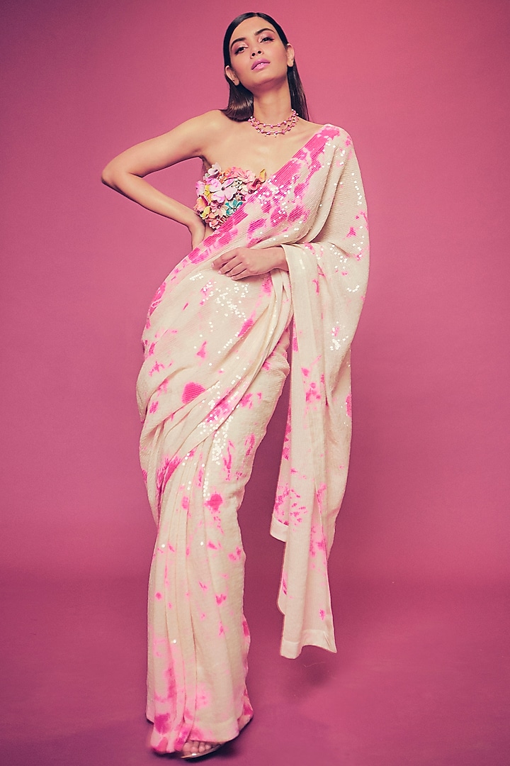 Ivory & Fuchsia Georgette Sequin Embroidered Reception Saree Set by Akanksha Gajria at Pernia's Pop Up Shop