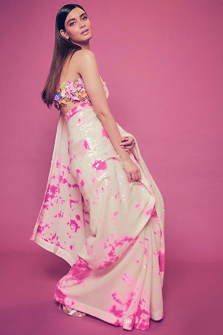 Ivory & Fuchsia Georgette Sequin Embroidered Reception Saree Set by Akanksha Gajria at Pernia's Pop Up Shop