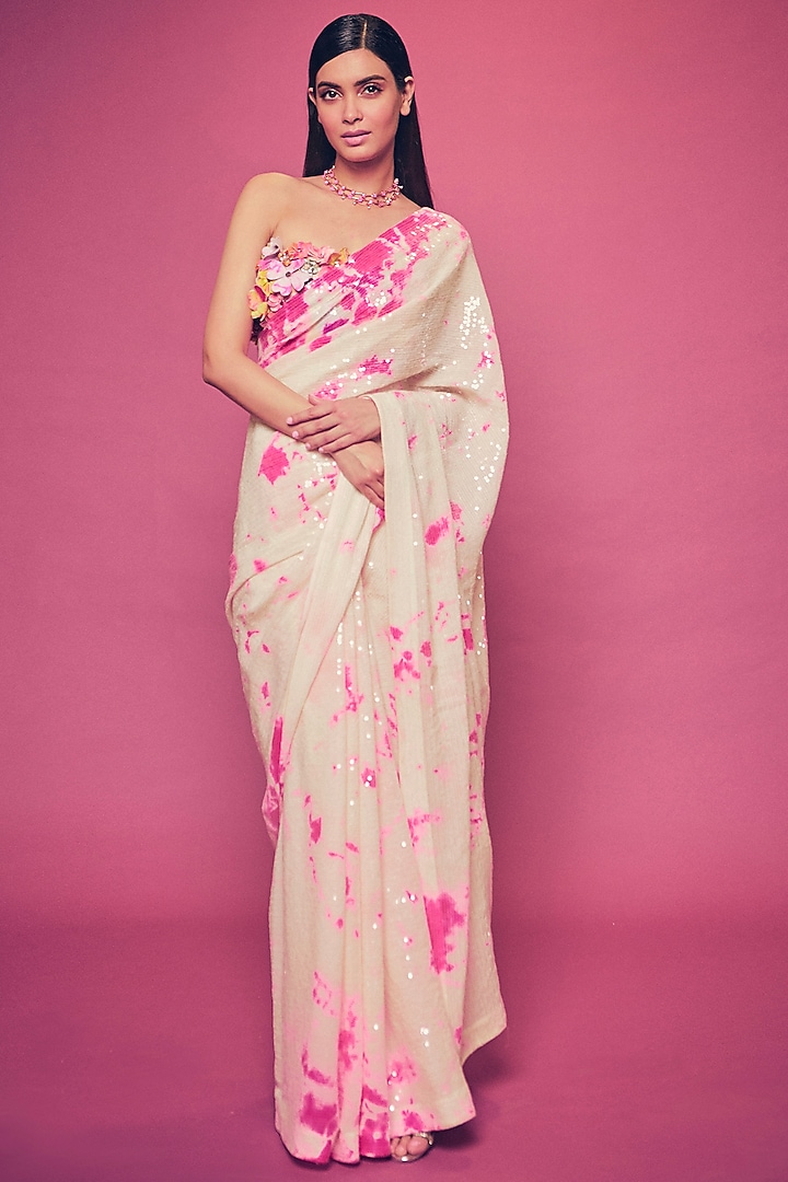 Ivory & Fuchsia Georgette Sequin Embroidered Reception Saree Set by Akanksha Gajria at Pernia's Pop Up Shop