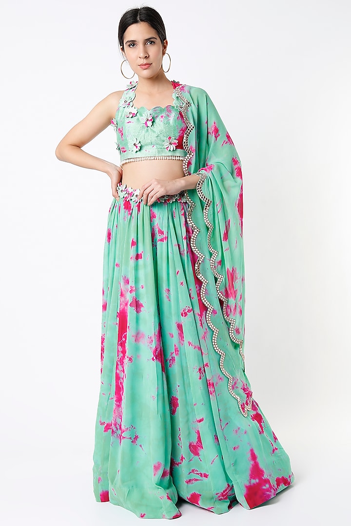 Turquoise Handmade Tie-Dye Wedding Lehenga Set by Akanksha Gajria at Pernia's Pop Up Shop