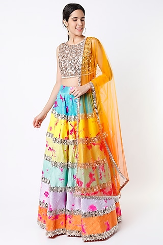 Multi Colored Handmade Embroidered Tie-Dye Lehenga Set by Akanksha Gajria
