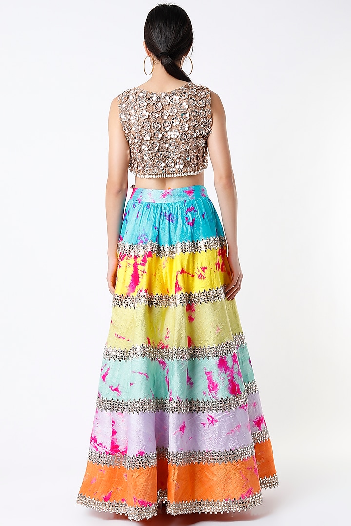 Multi Colored Handmade Embroidered Tie-Dye Bridal Lehenga Set by Akanksha Gajria at Pernia's Pop Up Shop