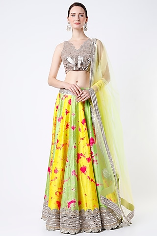 Green & Yellow Tie-Dye Lehenga Set by Akanksha Gajria