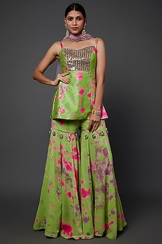 Lime Green Georgette Tie-Dye Printed Gharara Set by Akanksha Gajria