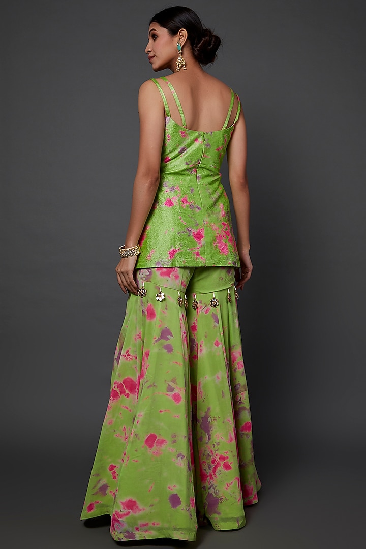 Lime Green Georgette Tie-Dye Printed Gharara Set by Akanksha Gajria at Pernia's Pop Up Shop
