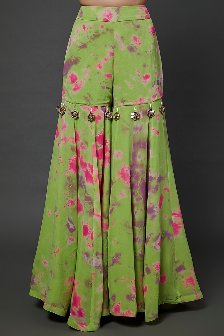Lime Green Georgette Tie-Dye Printed Gharara Set by Akanksha Gajria at Pernia's Pop Up Shop