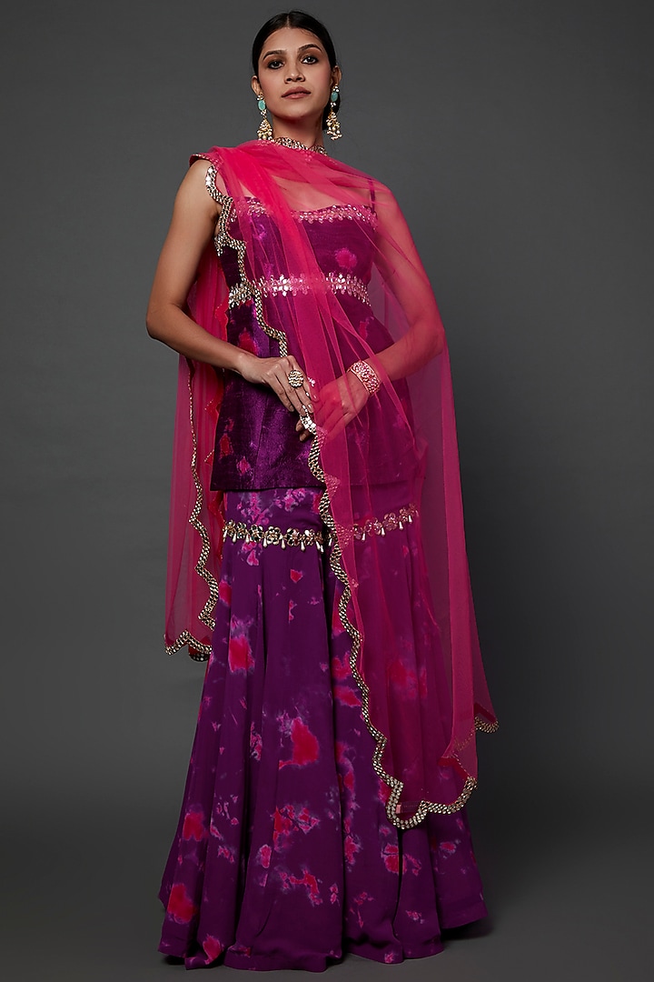 Purple Georgette Tie-Dye Printed Gharara Set by Akanksha Gajria