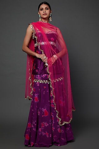 Purple Georgette Tie-Dye Printed Gharara Set by Akanksha Gajria