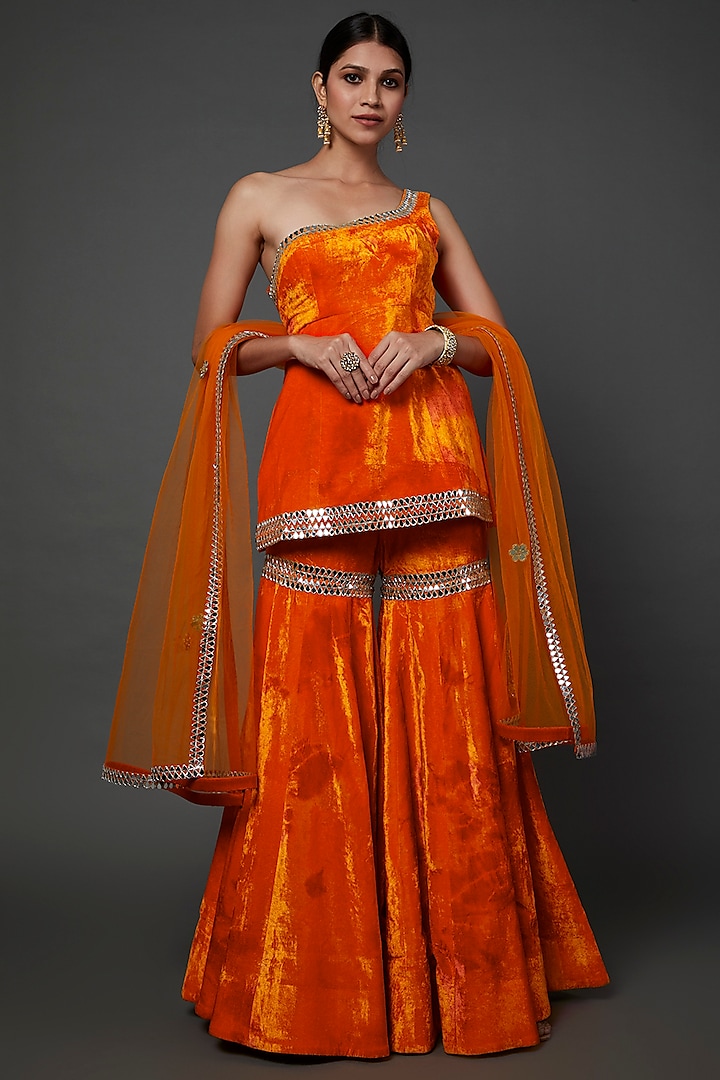 Orange Velvet Gharara Set by Akanksha Gajria at Pernia's Pop Up Shop