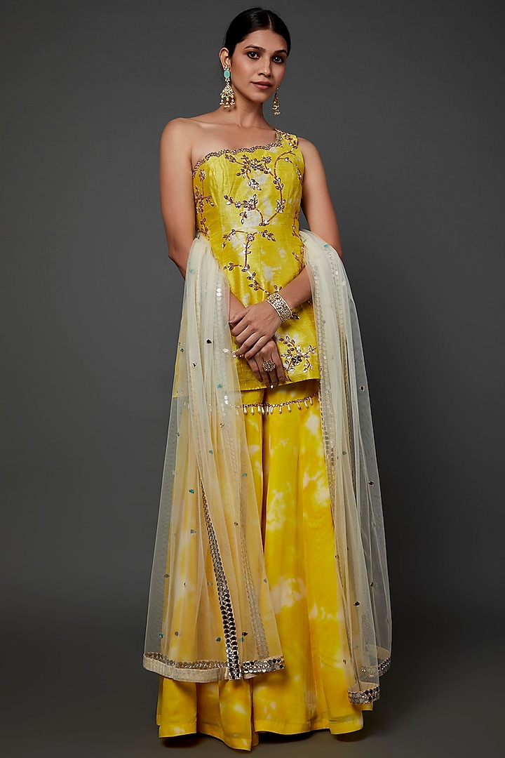 Yellow Georgette Tie-Dye Printed Gharara Set by Akanksha Gajria