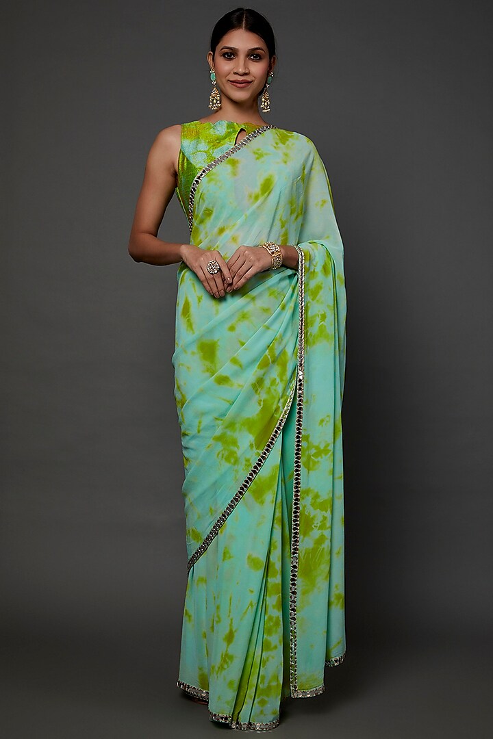 Blue Georgette Tie-Dye Saree Set by Akanksha Gajria