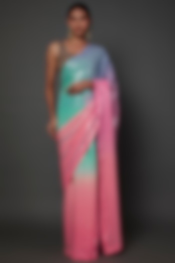 Multi-Colored Georgette Sequins Embroidered Saree Set by Akanksha Gajria