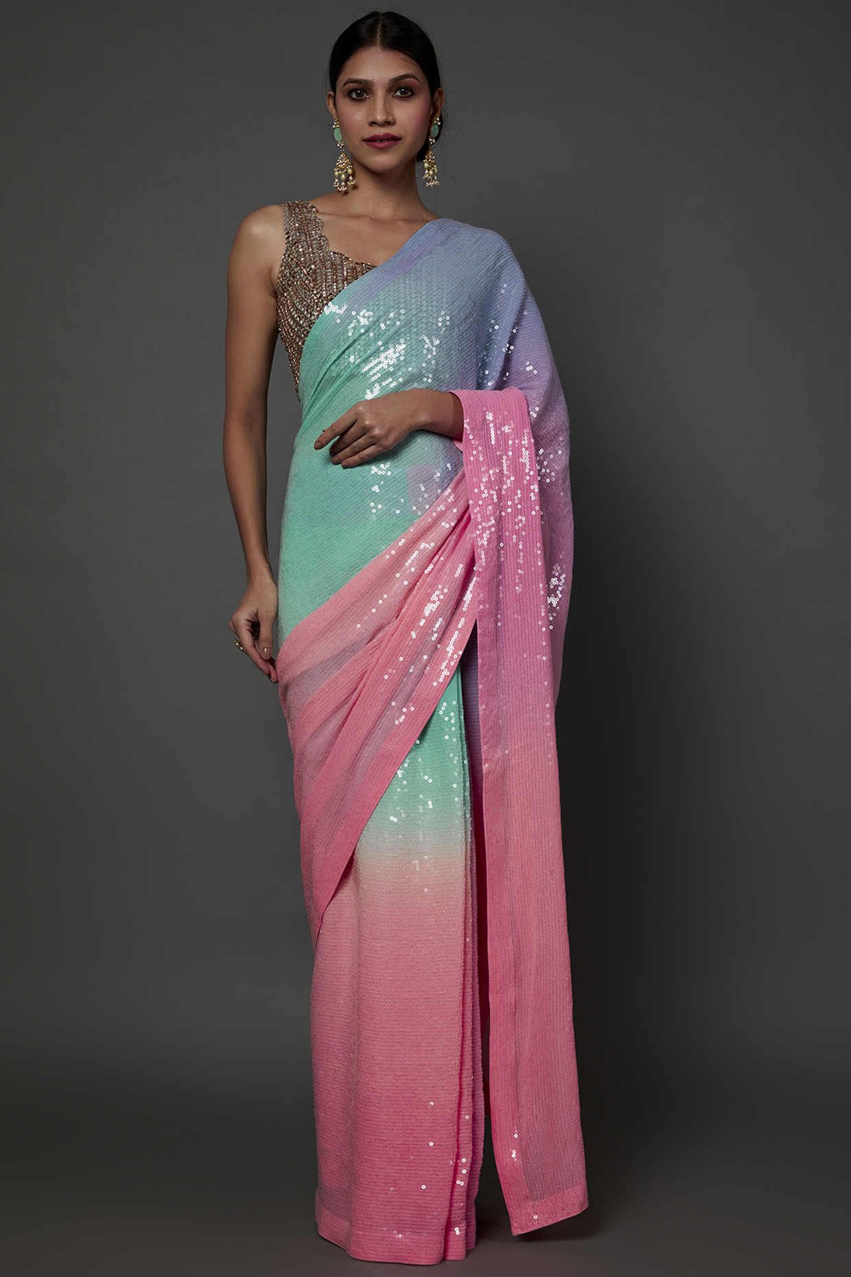 Multi-Colored Georgette Sequins Embroidered Saree Set by Akanksha Gajria