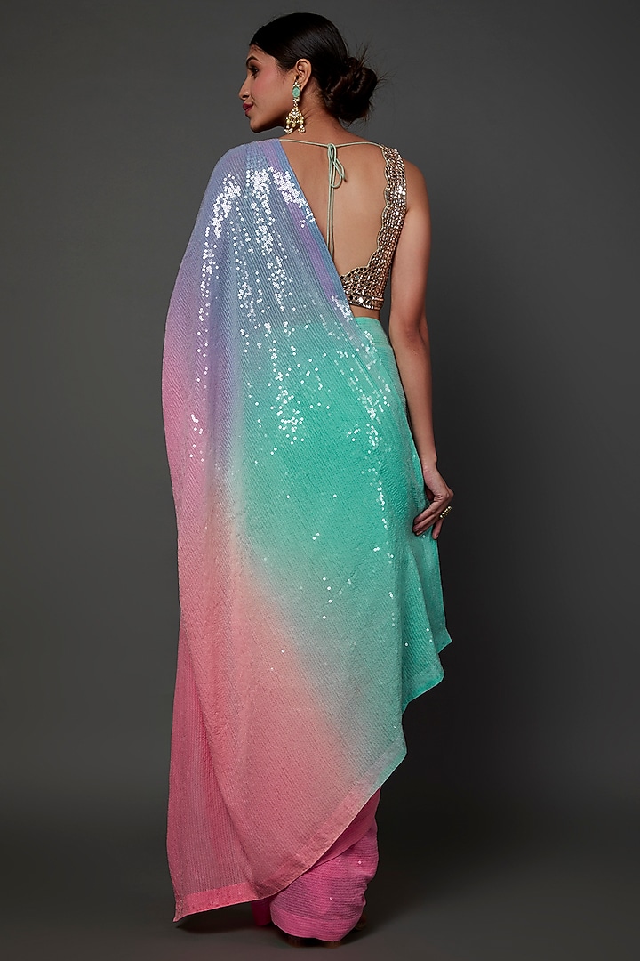 Multi-Colored Georgette Sequins Embroidered Reception Saree Set by Akanksha Gajria at Pernia's Pop Up Shop