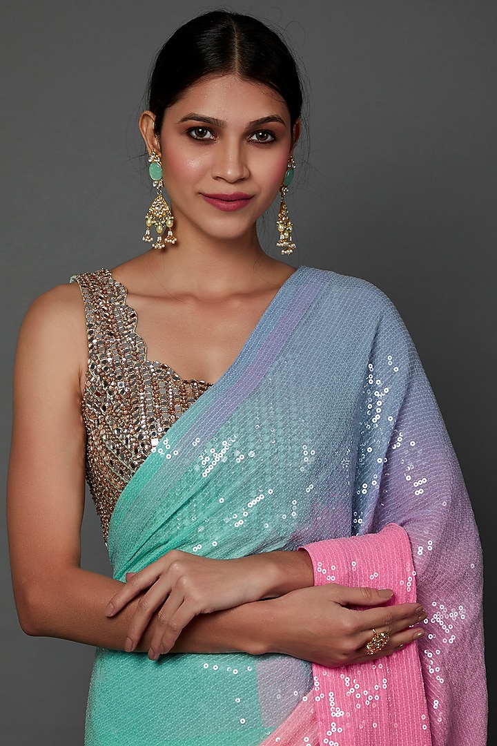 Multi-Colored Georgette Sequins Embroidered Reception Saree Set by Akanksha Gajria at Pernia's Pop Up Shop
