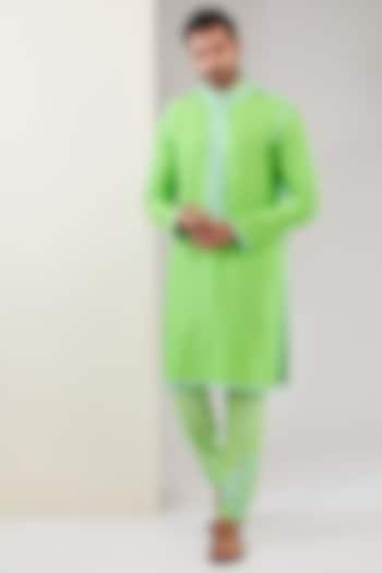 Green Raw Silk Mirror Work Kurta Set by Akanksha Gajria Men