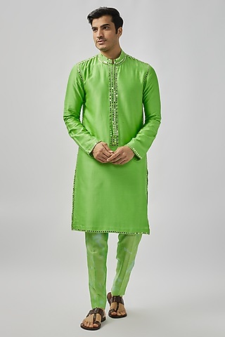 Green Raw Silk Mirror Work Kurta Set by Akanksha Gajria Men