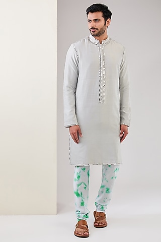 Grey & Green Raw Silk Mirror Work Kurta Set by Akanksha Gajria Men