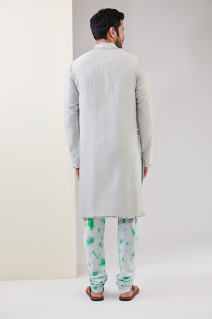 Grey & Green Raw Silk Mirror Work Kurta Set by Akanksha Gajria Men at Pernia's Pop Up Shop