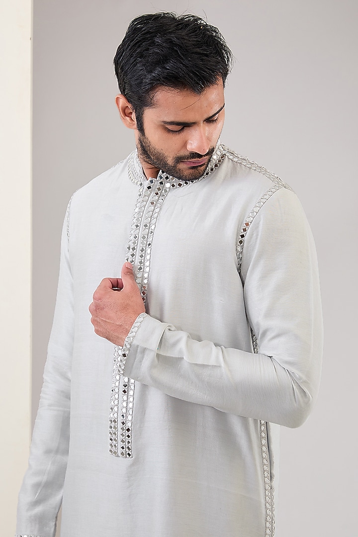 Grey & Green Raw Silk Mirror Work Kurta Set by Akanksha Gajria Men at Pernia's Pop Up Shop