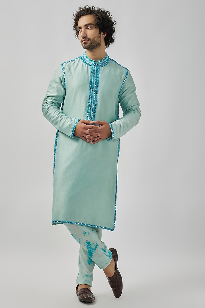 Aqua Blue Raw Silk Mirror Work Kurta Set by Akanksha Gajria Men at Pernia's Pop Up Shop