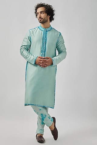 Aqua Blue Raw Silk Mirror Work Kurta Set by Akanksha Gajria Men