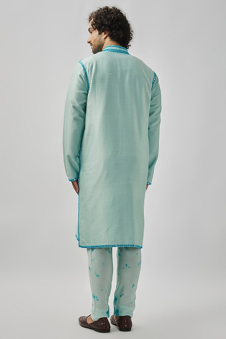 Aqua Blue Raw Silk Mirror Work Kurta Set by Akanksha Gajria Men at Pernia's Pop Up Shop