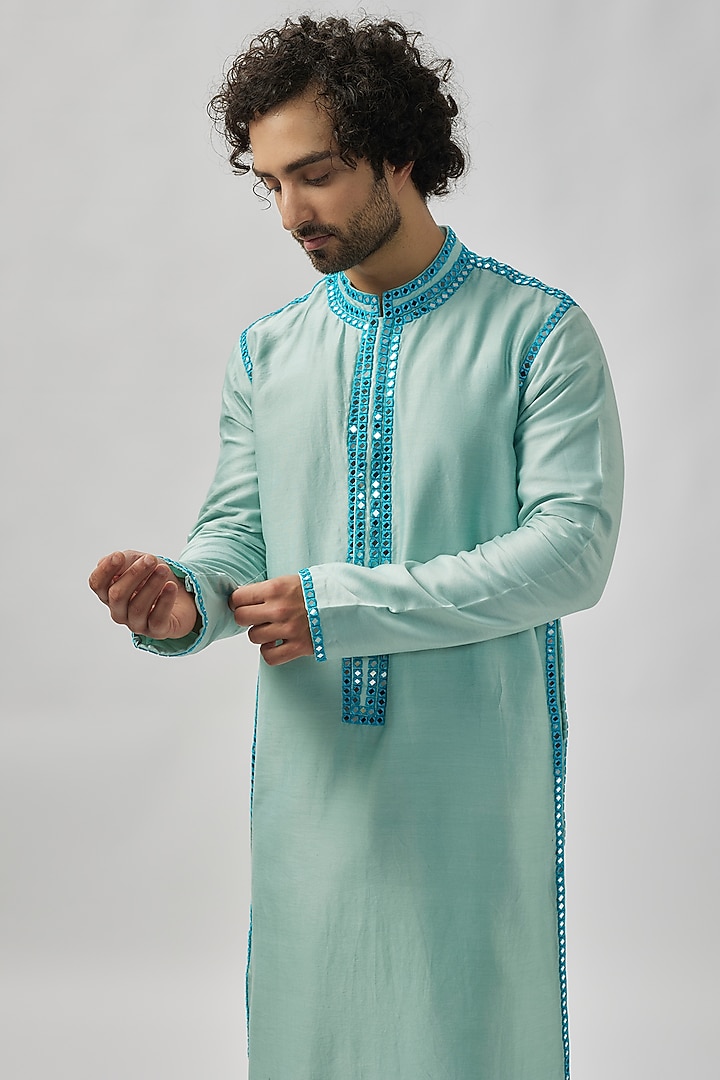 Aqua Blue Raw Silk Mirror Work Kurta Set by Akanksha Gajria Men at Pernia's Pop Up Shop