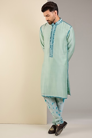 Aqua & Turquoise Raw Silk Mirror Work Kurta Set by Akanksha Gajria Men