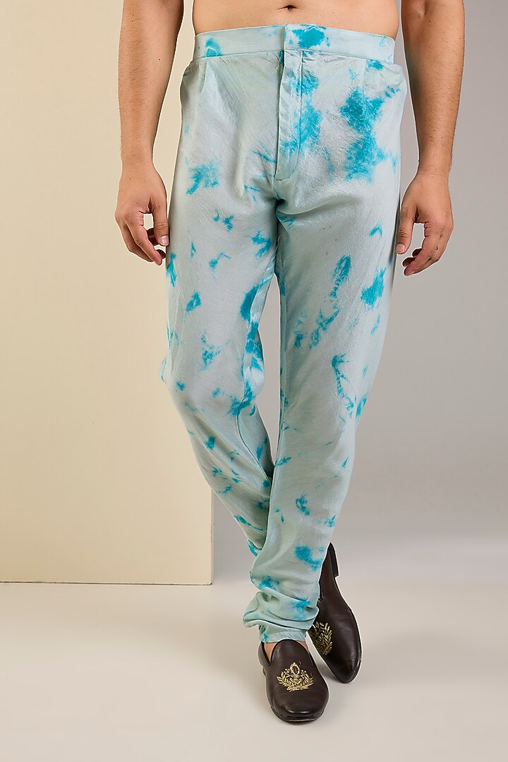 Aqua & Turquoise Raw Silk Mirror Work Kurta Set by Akanksha Gajria Men at Pernia's Pop Up Shop