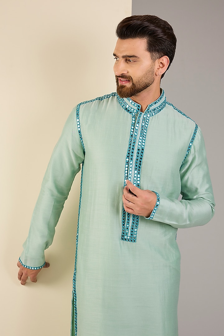 Aqua & Turquoise Raw Silk Mirror Work Kurta Set by Akanksha Gajria Men at Pernia's Pop Up Shop