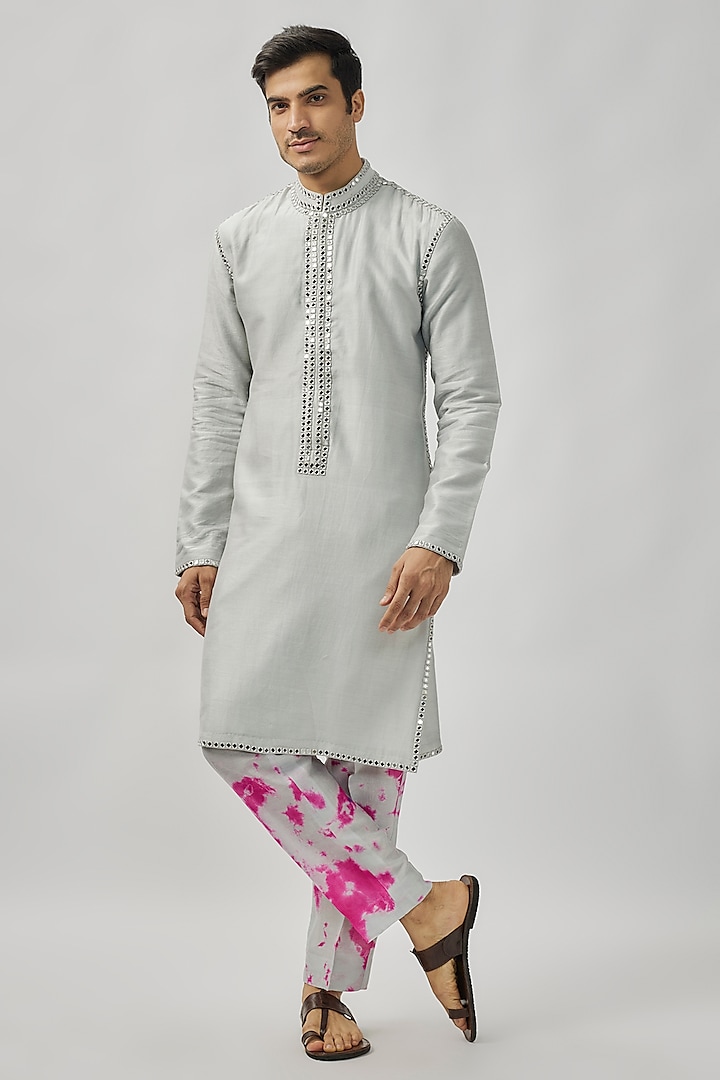 Grey Raw Silk Mirror Work Kurta Set by Akanksha Gajria Men at Pernia's Pop Up Shop