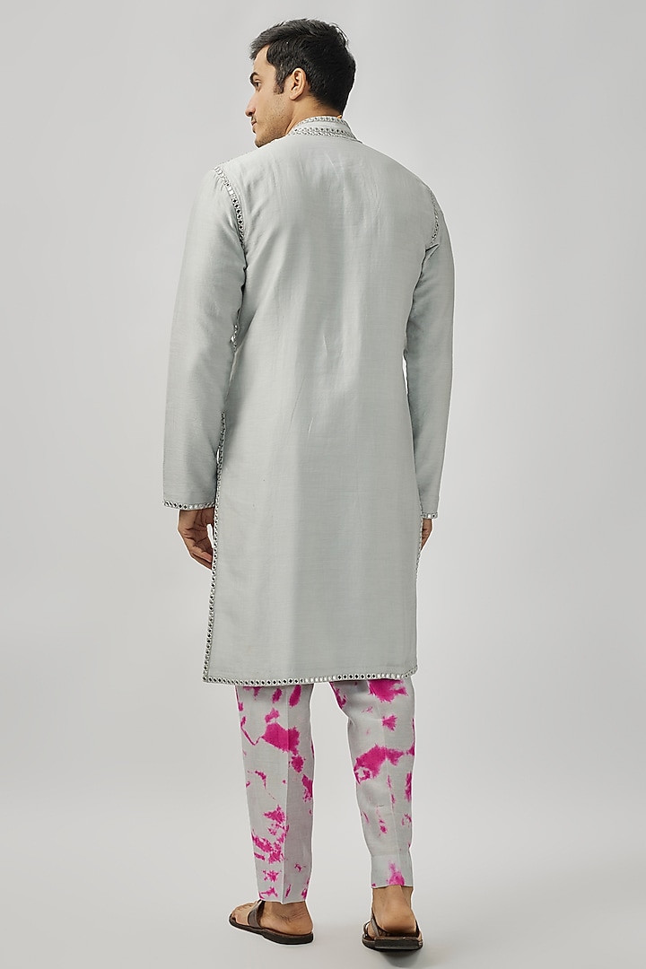 Grey Raw Silk Mirror Work Kurta Set by Akanksha Gajria Men at Pernia's Pop Up Shop
