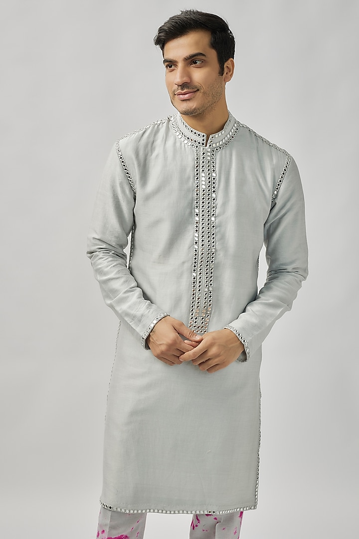 Grey Raw Silk Mirror Work Kurta Set by Akanksha Gajria Men at Pernia's Pop Up Shop