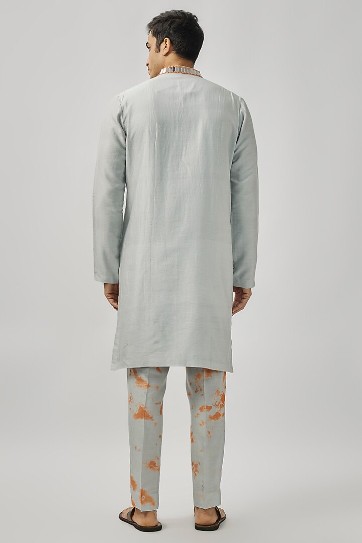 Grey Raw Silk Mirror Work Kurta Set by Akanksha Gajria Men at Pernia's Pop Up Shop