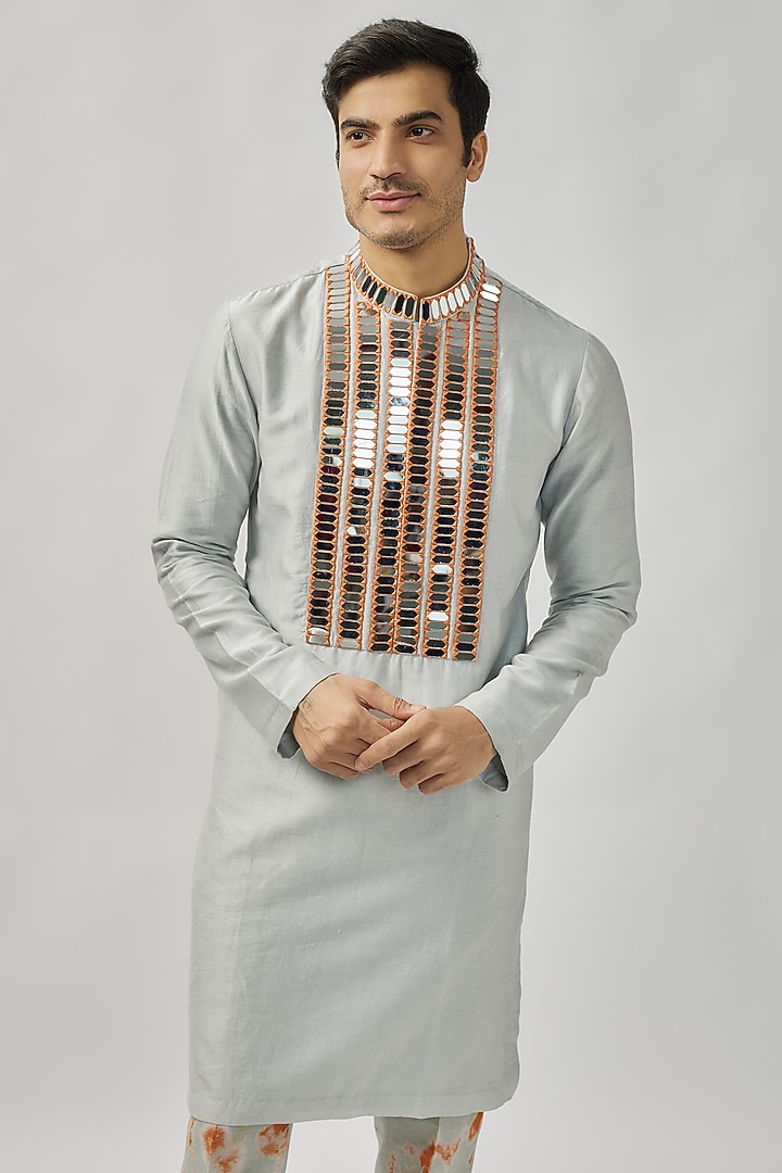 Grey Raw Silk Mirror Work Kurta Set by Akanksha Gajria Men at Pernia's Pop Up Shop
