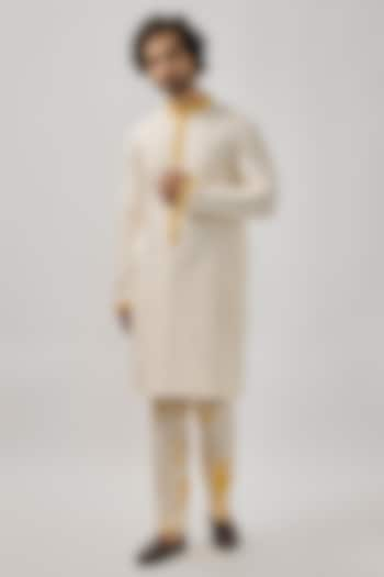 White Raw Silk Mirror Work Kurta Set by Akanksha Gajria Men