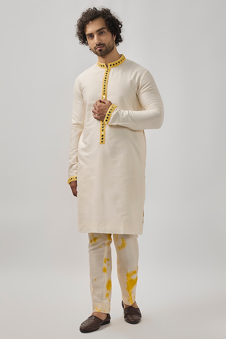 White Raw Silk Mirror Work Kurta Set by Akanksha Gajria Men