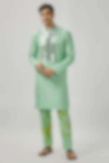 Aqua & Lime Raw Silk Mirror Work Kurta Set by Akanksha Gajria Men at Pernia's Pop Up Shop