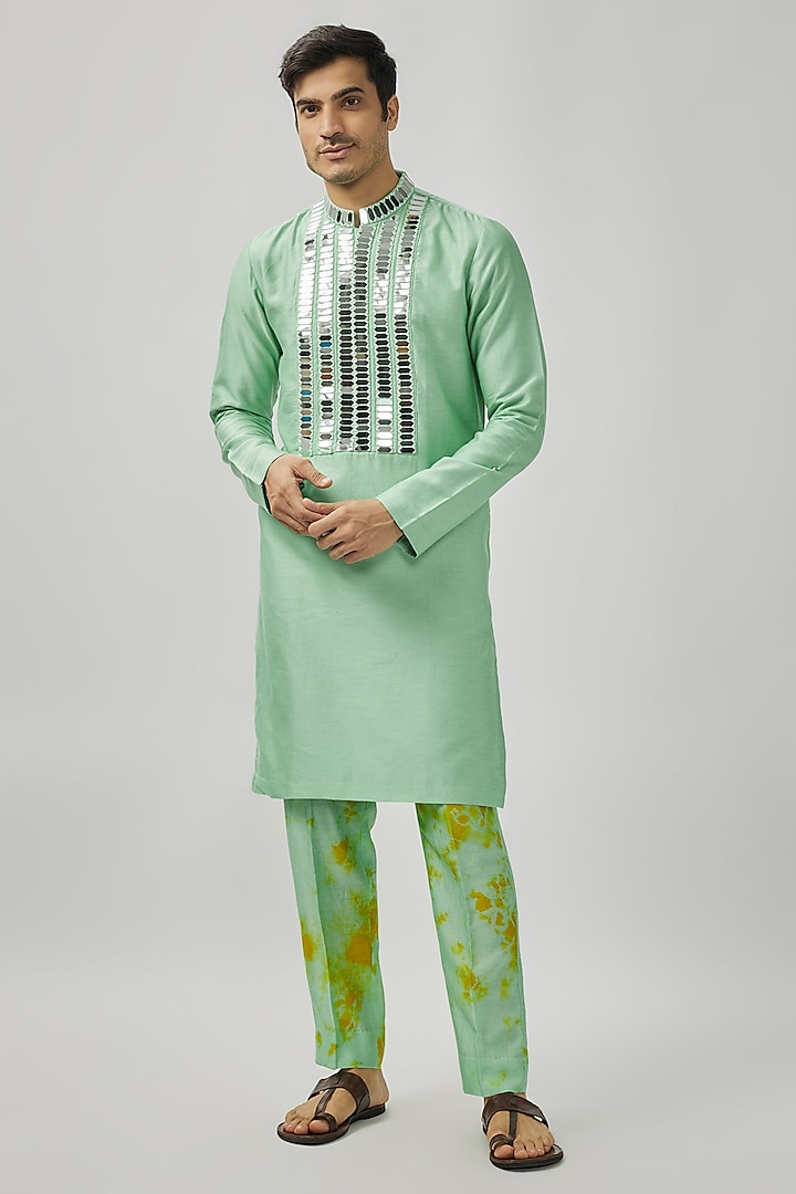 Aqua & Lime Raw Silk Mirror Work Kurta Set by Akanksha Gajria Men at Pernia's Pop Up Shop