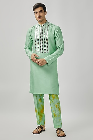 Aqua & Lime Raw Silk Mirror Work Kurta Set by Akanksha Gajria Men