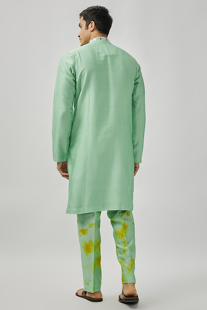 Aqua & Lime Raw Silk Mirror Work Kurta Set by Akanksha Gajria Men at Pernia's Pop Up Shop