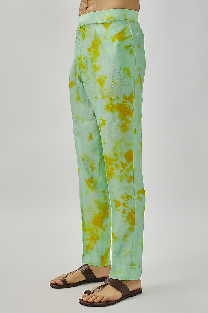 Aqua & Lime Raw Silk Mirror Work Kurta Set by Akanksha Gajria Men at Pernia's Pop Up Shop