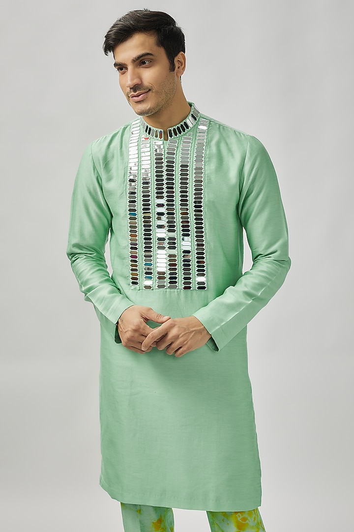 Aqua & Lime Raw Silk Mirror Work Kurta Set by Akanksha Gajria Men at Pernia's Pop Up Shop