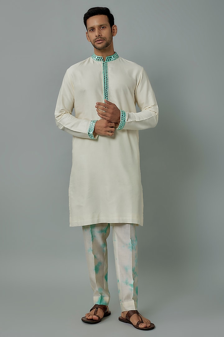 Ivory & Aqua Raw Silk Mirror Work Kurta Set by Akanksha Gajria Men