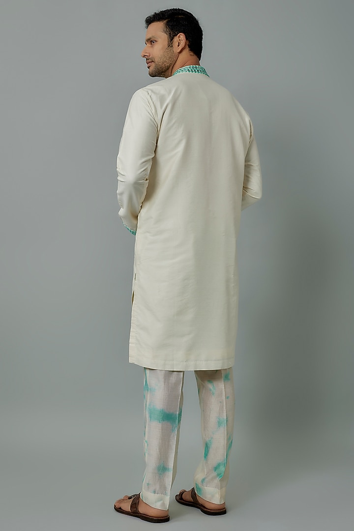 Ivory & Aqua Raw Silk Mirror Work Kurta Set by Akanksha Gajria Men at Pernia's Pop Up Shop